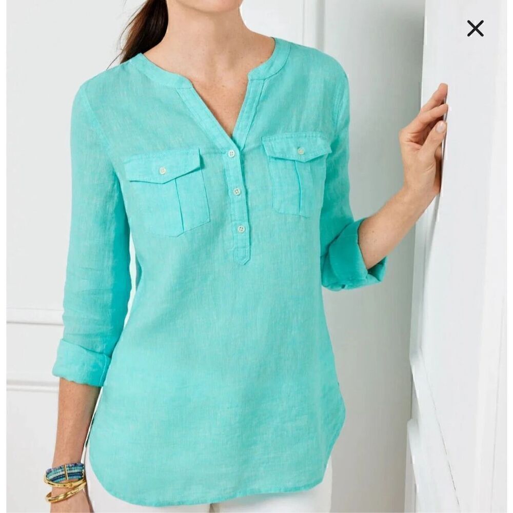 Talbots Tunic Top Blouse Womens Medium Aqua Linen Coastal Grandma Minimalist